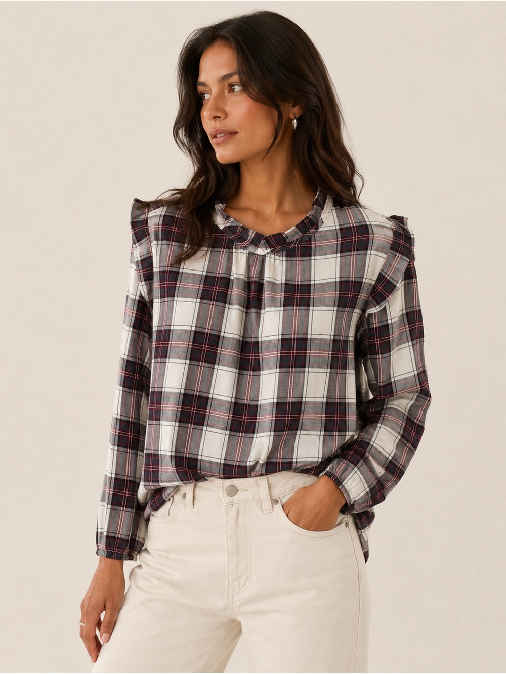Loft Plaid Ruffle-Neck Long-Sleeve Top in Ivory and Black Checkered Print Sz L